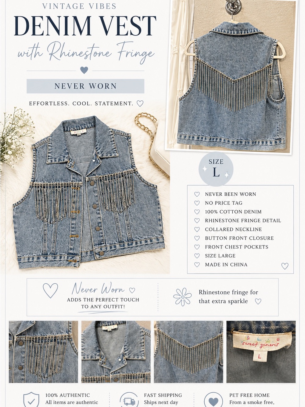 Vintage Light Blue Denim Vest with Rhinestone Fringe - Size L